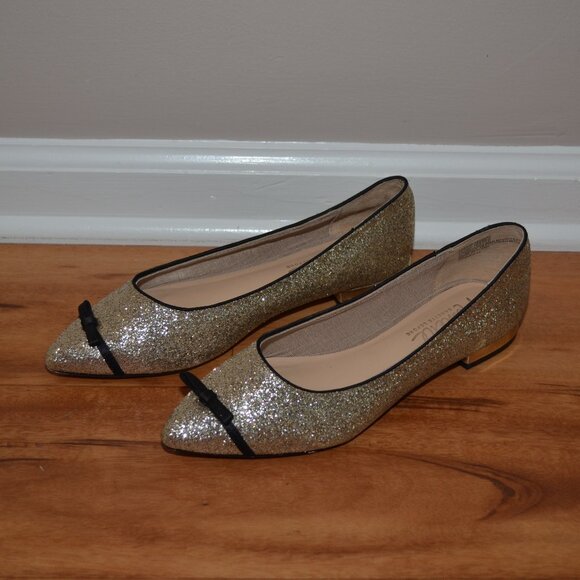 Nanette Lepore Dina Gold Glitter Bow tie Pointed Toe ballet flats, sz 8M - Picture 7 of 8